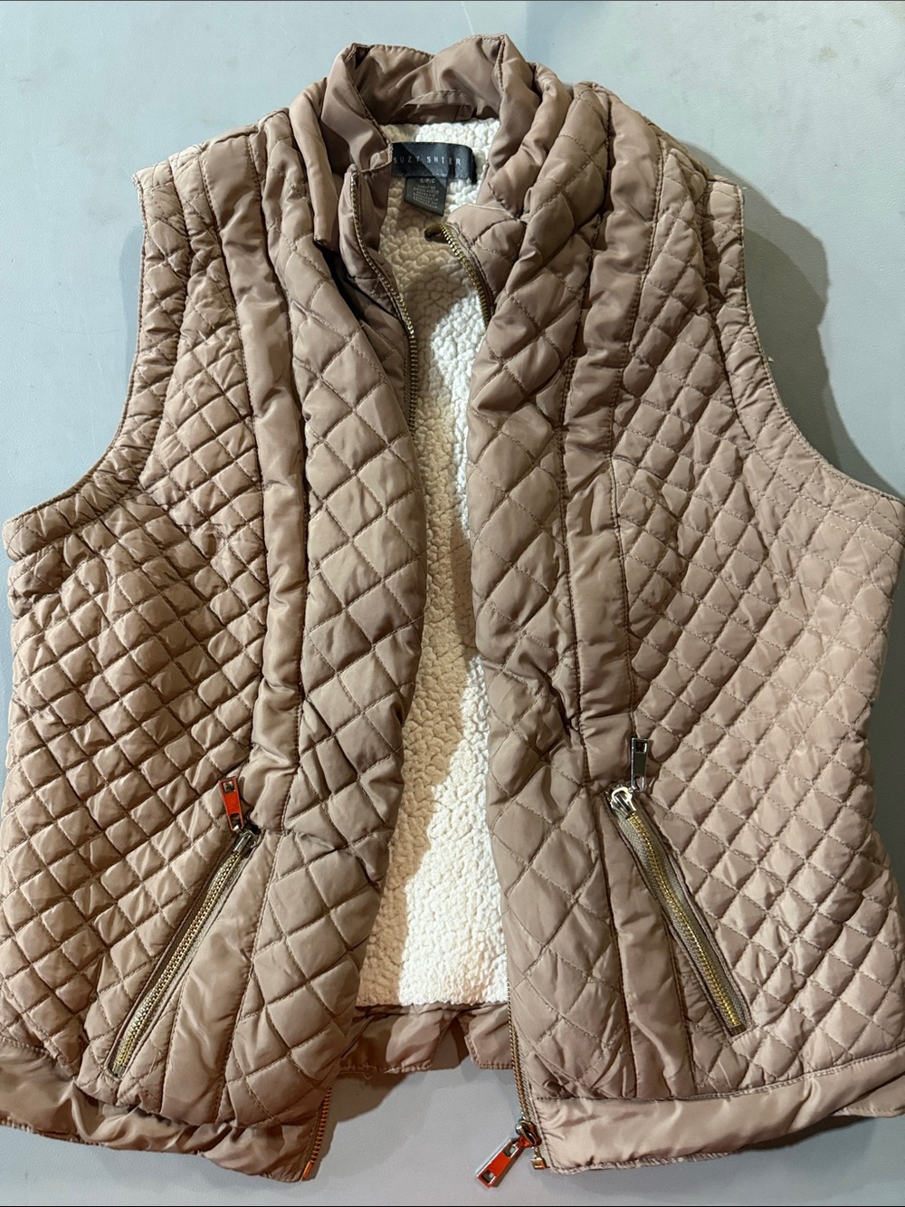 Suzy Shier Quilted Taupe Sleeveless Vest with Sherpa Lining